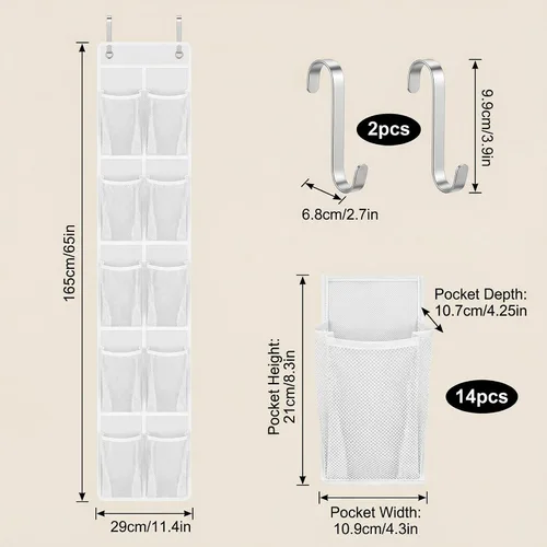 Vista 2 de Organizador de zapatos sobre la puerta con 14 bolsillos grandes de malla, almacenamiento colgante que ahorra espacio para zapatos y accesorios, Negro