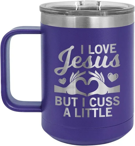 Vista 7 de Taza de café con tapa abatible, diseño con texto "I love Jesus but I CUSS A LITTLE 15 oz con tapa superior taza de café de viaje aislado Ideas