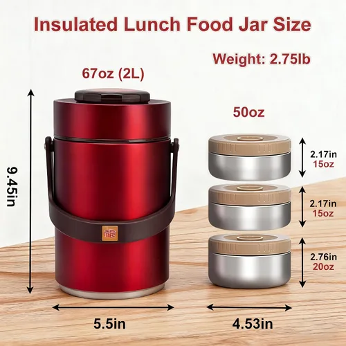 Vista 2 de Contenedor de comida aislado al vacío de 67 onzas para alimentos calientes, termo de alimentos apilable sellado de 3 niveles, lonchera térmica