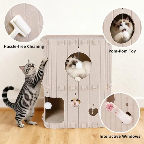 Vista 6 de Casa para gatos de interior – Cueva cerrada de 2 pisos para gatos múltiples y grandes, cubierta de fieltro para mascotas, túnel de condominio, cubo