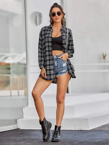 Vista 6 de MakeMeChic - Camisas a cuadros de gran tamaño para mujer