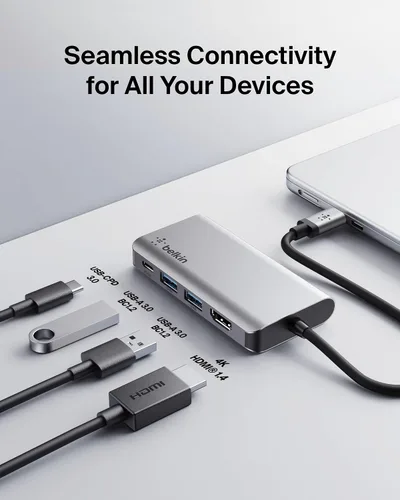 Vista 3 de Belkin Hub USB C, base multipuerto 4 en 1 para laptop con HDMI 4K, estación de acoplamiento USB C con entrega de alimentación de paso de 100 vatios