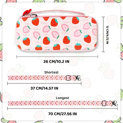 Vista 3 de RHOTALL Cute Strawberry Carrying Case for Nintendo Switch, Hard Portable Travel Case for Switch Accessories with Protective Shell, Shoulder Strap