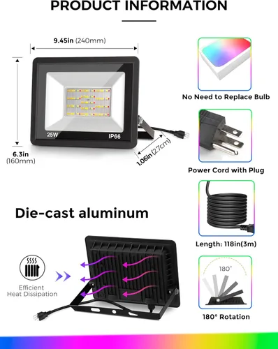 Vista 6 de L LOHAS LED Luz de Inundación LED RGB para Exteriores, 25W Luces de Fiesta DIY que Cambian de Color con Control Remoto, Luz de Patio