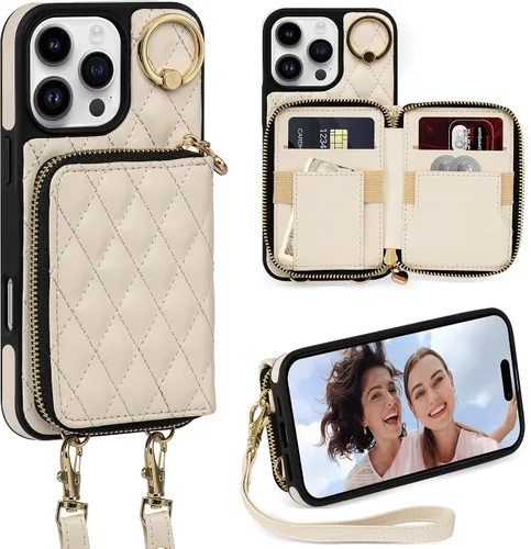 Vista 17 de Funda para iPhone 12 Pro/iPhone 12 de 6.1 pulgadas, cartera cruzada con cremallera para mujer, tarjetero con bloqueo RFID, funda de cuero con Negro