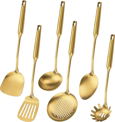 Vista 8 de Utensilios de cocina de acero inoxidable 304 con espátula, cuchara sólida, cucharón, espumadera, cuchara de espagueti, juego de 6 piezas, apto