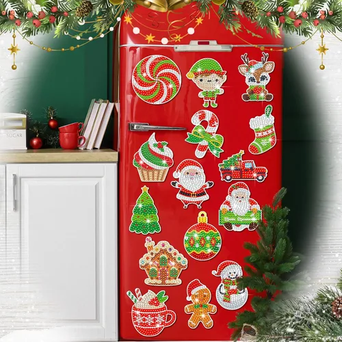 Vista 2 de Umigy 16 piezas de imanes de arte de diamante navideño para refrigerador, verde lima y rojo, imanes de pintura de diamantes de Navidad, hombre