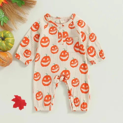 Vista 7 de GOOCHEER Mameluco de manga larga para bebé, niño, niña, Halloween, traje de calabaza