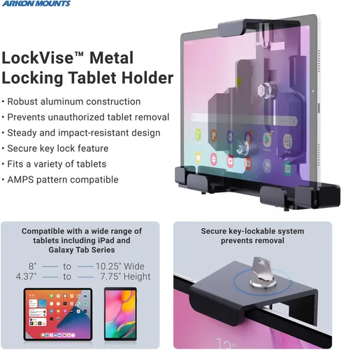 Vista 3 de ARKON Soportes de bloqueo de aluminio para tableta con cerradura de llave para E-Log para modelos Galaxy Tab A iPad