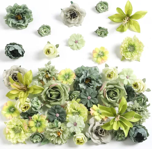 Vista 18 de rongflower Cabezas de flores falsas para manualidades, rosas artificiales de seda negra, peonías, margaritas y cabezas florales (paquete de 48)