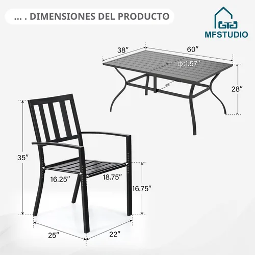 Vista 7 de MFSTUDIO Juego de comedor de patio de 7 piezas, mesa rectangular de 60 Patrón de rayas a