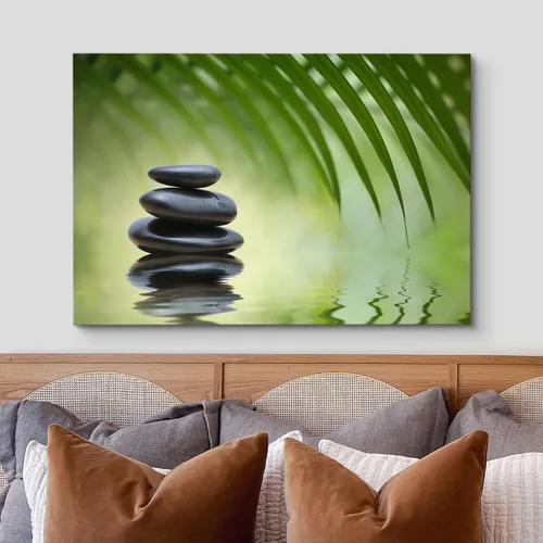 Vista 3 de Wall26 - Arte de pared estampado en lienzo con diseño de rocas negras en un lago tropical verde sereno, naturaleza floral, fotografía, realismo
