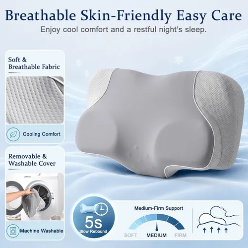 Vista 13 de Almohada cervical para el cuello para aliviar el dolor, almohada ergonómica de espuma viscoelástica para soporte de cuello y hombros, gris, 23.6 x