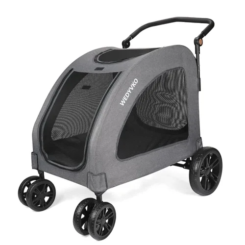 Vista 8 de Cochecito de viaje grande para perros con 4 ruedas resistentes, con mango ajustable, doble capacidad para perros con puerta delantera trasera