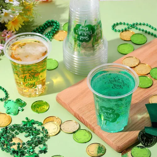 Vista 4 de Aoriher 100 tazas de trébol del día de San Patricio de 12 onzas desechables de plástico para feliz día de San Patricio, tazas verdes transparentes