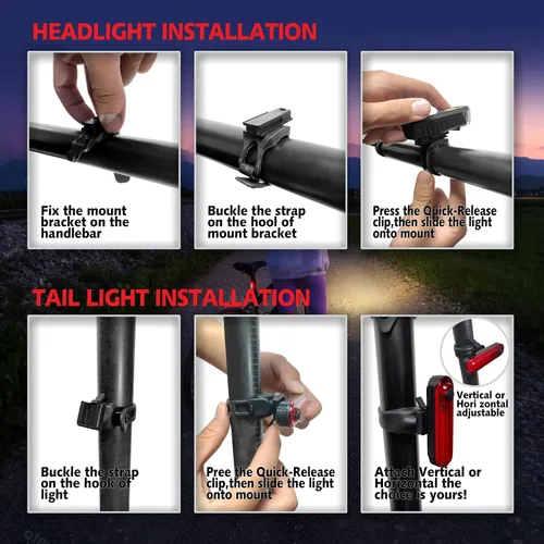 Vista 7 de Kunhe Luces de bicicleta recargables USB-C delanteras y traseras (2 o 4 o 10 o 20 paquetes) conducción nocturna para niños y adultos, 3 modos