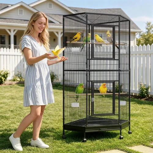 Vista 7 de Jaula grande para pájaros de 64 pulgadas con ruedas, jaulas para pájaros