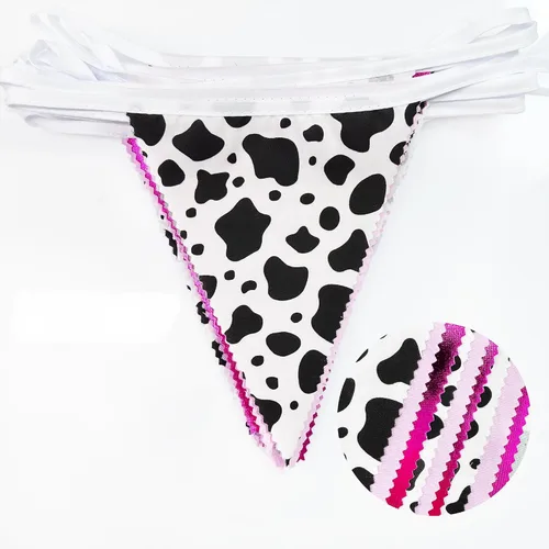 Vista 2 de Decoraciones de fiesta de vaquera de 32 pies con estampado de vaca rosa intenso, bandera triangular, banderines de tela, banderines para vaqueras