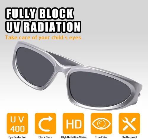 Vista 4 de GUVIVI Gafas de sol para niños con correa envolvente, gafas de sol futuristas para niños y niñas, persianas ovaladas de 4 a 12 años