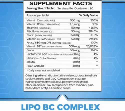 Vista 8 de Lipo BC, Lipo B-Complex 90 Tabletas. Nueva etiqueta con mejor por fecha, Misma fórmula.