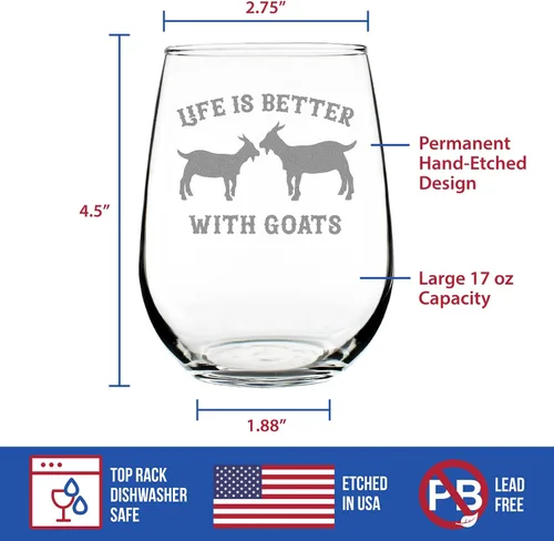 Vista 4 de Custom Life Is Better With Goats - Personalized Stemless Wine Glass - Funny Farm Animal Themed Decor and Gifts - Large 17 Ounce - Customized Wine