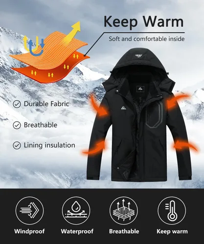 Vista 3 de Chaqueta de esquí desmontable con capucha para hombre, chaqueta de invierno acolchada impermeable, con forro cálido, parka resistente al viento