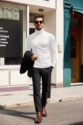 Vista 8 de COOFANDY Suéter de cuello alto ajustado para hombre, casual, básico, de manga larga, suéter de punto