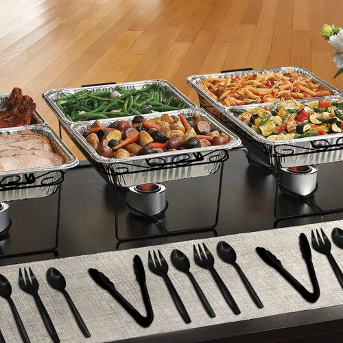 Vista 8 de Party Essentials Kit de servicio de bufé Elegance de 33 piezas, incluye estantes negros para rozar, sartenes de aluminio, sartenes de agua, latas