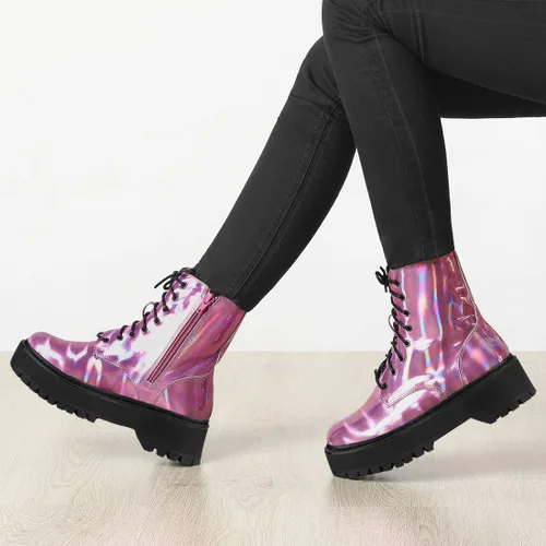 Vista 2 de Allegra K Botines de combate coloridos con plataforma y puntera redonda para mujer