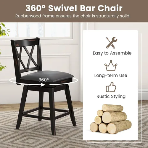 Vista 6 de COSTWAY Juego de 2 Taburetes de Bar para Isla de Cocina, Silla de Altura de Mostrador de 25 Pulgadas con Respaldo Ergonómico, Reposapiés, Superficie