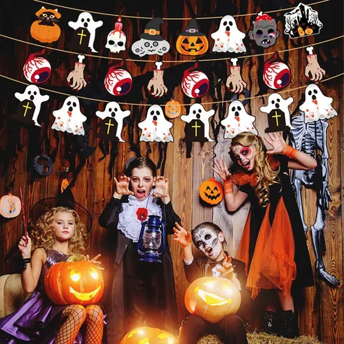 Vista 3 de Adornos de árbol de Halloween, colgantes colgantes de fantasma, diseño de impresión de doble cara, diseño de ojos, calavera, mano, calabaza, adornos
