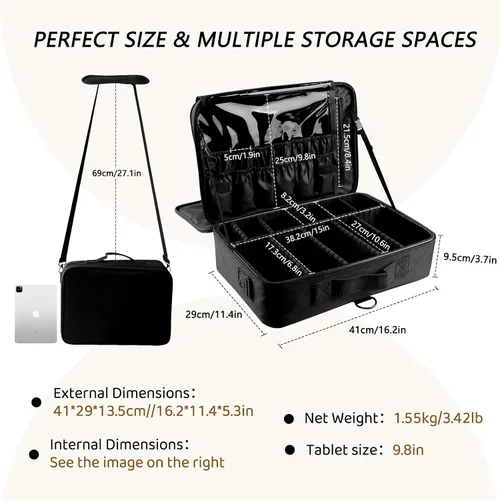 Vista 2 de Gzcz Estuche de viaje para maquillaje, profesional, 16 pulgadas, gran capacidad, organizador de brochas, portátil, para artistas, divisores Negro