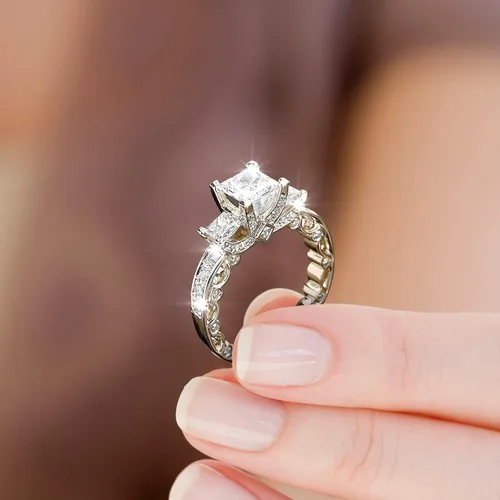 Vista 2 de Anillo de diamantes de imitación de corte cojín para mujer anillo de circonita de compromiso anillo de boda con circonita cúbica acero inoxidable