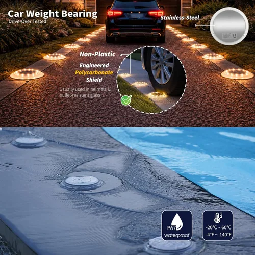 Vista 2 de SHONELIGHTING Luces Solares para Muelle, Disco LED Súper Brillante para Exteriores, Impermeables, Antideslizantes y Antitropiezos, Perfil Bajo