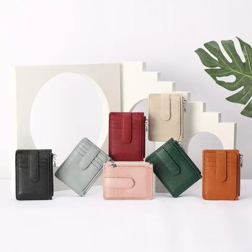 Vista 6 de Cartera delgada para mujer delgada para mujer, tarjetero con bloqueo RFID, de piel auténtica, carteras pequeñas