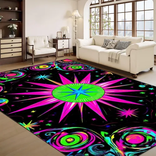 Vista 8 de Alfombra lavable de 8 x 10 pies para sala de estar, grande, suave, luz negra, sol, neón, reactiva a los rayos UV, luna celestial, estrella, planeta