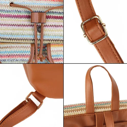 Vista 8 de Meyaus Mochila de paja hecha a mano para mujer, con solapa, cordón y cordón, Marrón claro, Mochilas Daypack
