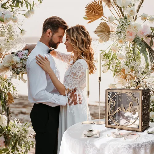 Vista 3 de OurWarm Caja de Tarjetas de Boda para Recepción, Cajas de Tarjetas de Boda de Madera con Ventana, Caja de Tarjetas de Regalo de Dinero con Sobre