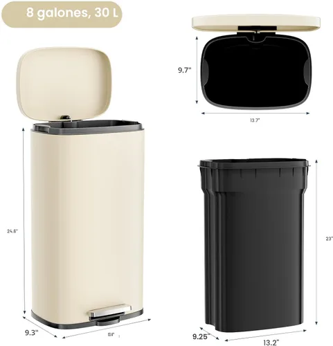 Vista 2 de Arlopu Cubo de basura de acero inoxidable de 8/13.2 galones, cubo de basura de cierre suave con cubo interior de plástico extraíble, a prueba