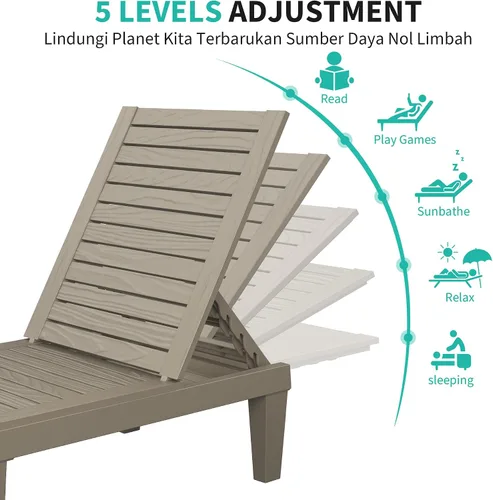 Vista 4 de Juego de sillas reclinables al aire libre, 2 piezas, 5 posiciones ajustables para bronceado con textura de madera, silla de patio de resina