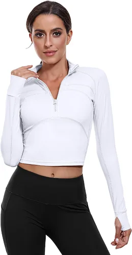Vista 7 de Neer Paquete de 2 chaquetas de manga larga para mujer, con cremallera de 12, ombligueras de yoga, ajustadas, para correr, con agujeros para el pulgar