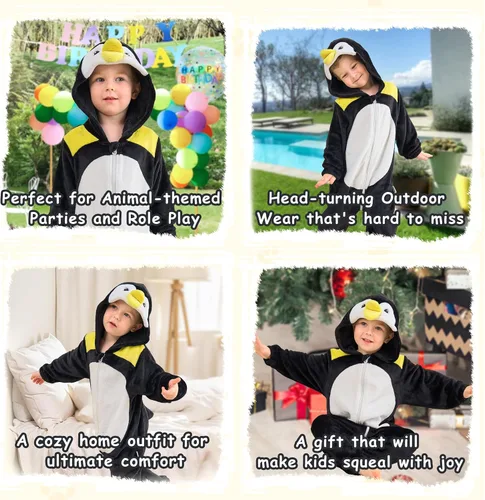 Vista 4 de LOLANTA Disfraz unisex de animal para bebé, niños y niñas, enterizo con Pingüino
