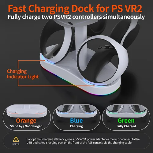 Vista 4 de Estación de carga para PS VR2, base de carga rápida dual para Playstation VR2, accesorios con luz RGB, estación de carga controlador VR2 con soporte