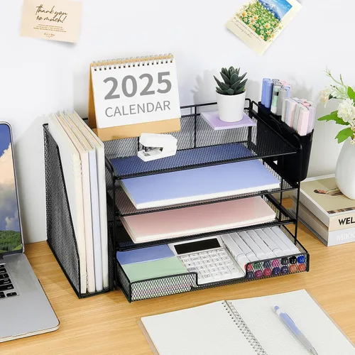 Vista 4 de OPNICE - Organizadores de escritorio y accesorios, para espacio de trabajo, suministros de oficina, organizador de archivos con 2 soportes para Negro