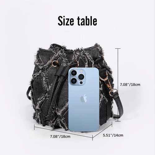 Vista 3 de Bolsas de cubo para mujer, mini bolso cruzado de mezclilla, con flecos, bolso de hombro con cordón