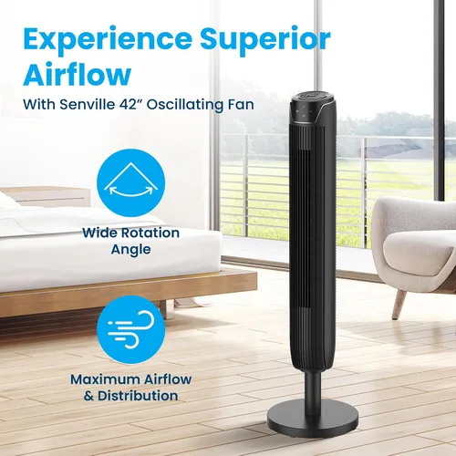 Vista 2 de Senville Ventilador de torre oscilante de 42 pulgadas para dormitorio, control remoto, sin aspas, silencioso, 3 modos, temporizador de 7 horas