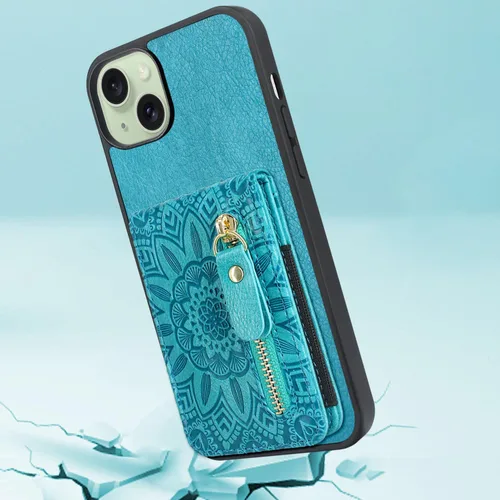 Vista 7 de Funda compatible con iPhone 15 Plus con ranuras elásticas para tarjetas, bolsillo con cremallera, soporte magnético a presión para iPhone 15 Plus 14