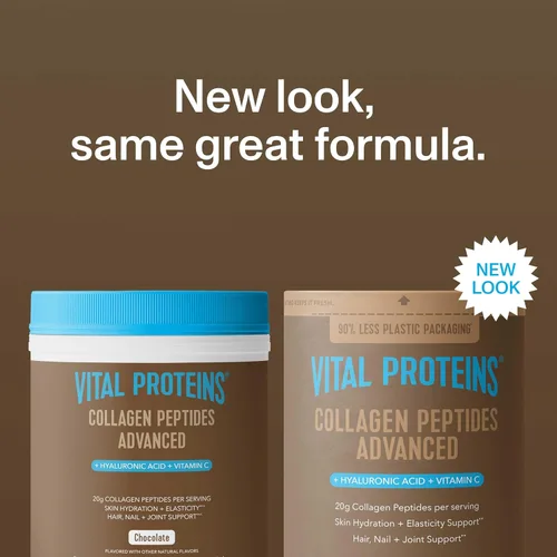 Vista 2 de Vital Proteins Péptidos de colágeno avanzados, péptidos hidrolizados con ácido hialurónico y vitamina C - Polvo sabor chocolate, 24.7 onzas