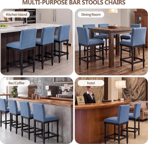 Vista 6 de DUHOME Taburete de mostrador de husillo con asiento acolchado de resorte, taburetes de bar de madera de granja de 26 pulgadas de altura de Negro/Azul