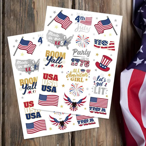 Vista 2 de Decoraciones del 4 de julio, tatuajes temporales de Estados Unidos Giltter, bandera de Estados Unidos, Let's get LIT All American Girl